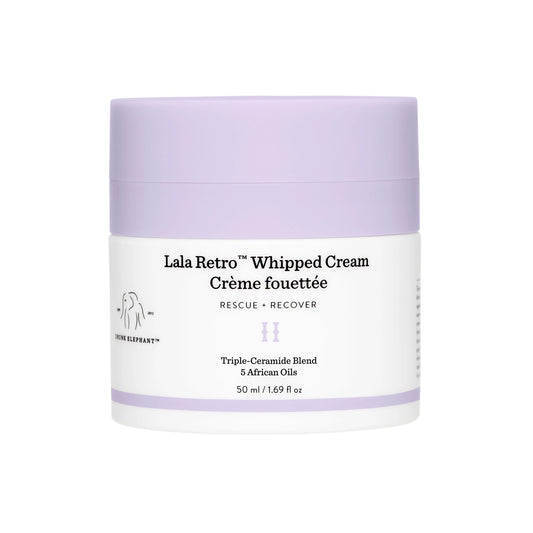 Drunk Elephant Lala Retro Whipped Cream jar delivers airy texture for daily moisture.