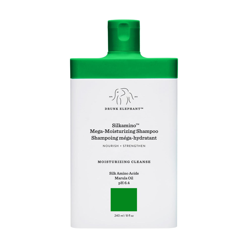 Drunk Elephant Silkamino bottle highlights silk amino acids for stronger, smoother hair.