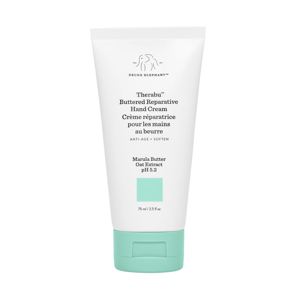 Drunk Elephant Therabu Hand Cream jar showing rich, nourishing texture for dry hands.