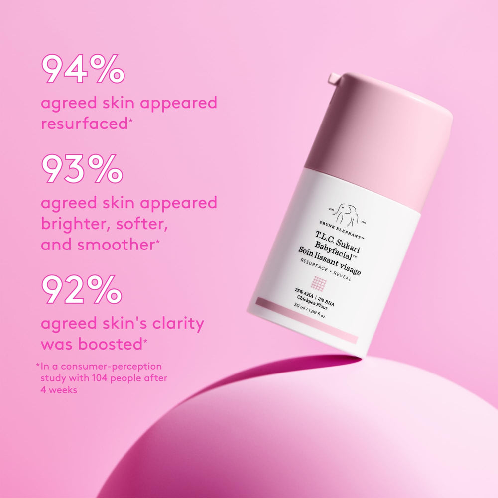 Drunk Elephant T.L.C. Sukari Babyfacial pump-dispense shot highlighting gentle exfoliation.