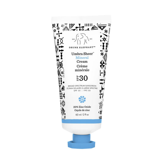 Drunk Elephant Umbra sheer mineral sunscreen bottle delivering lightweight SPF 30 protection.
