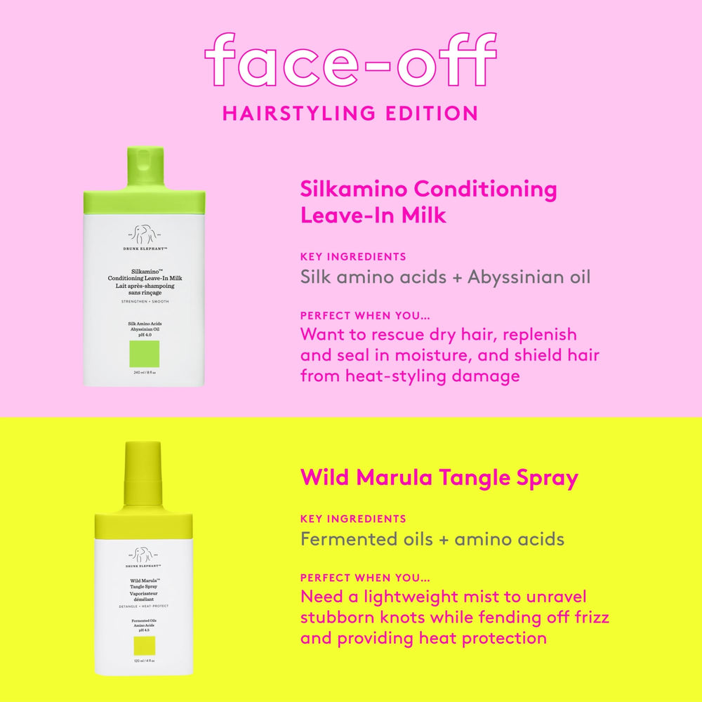 Drunk Elephant Wild Marula Tangle Spray highlights silicone-free, residue-free styling