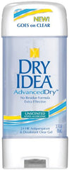Dry Idea Clear Gel bottle showcasing unscented, hypoallergenic protection for daily wear.