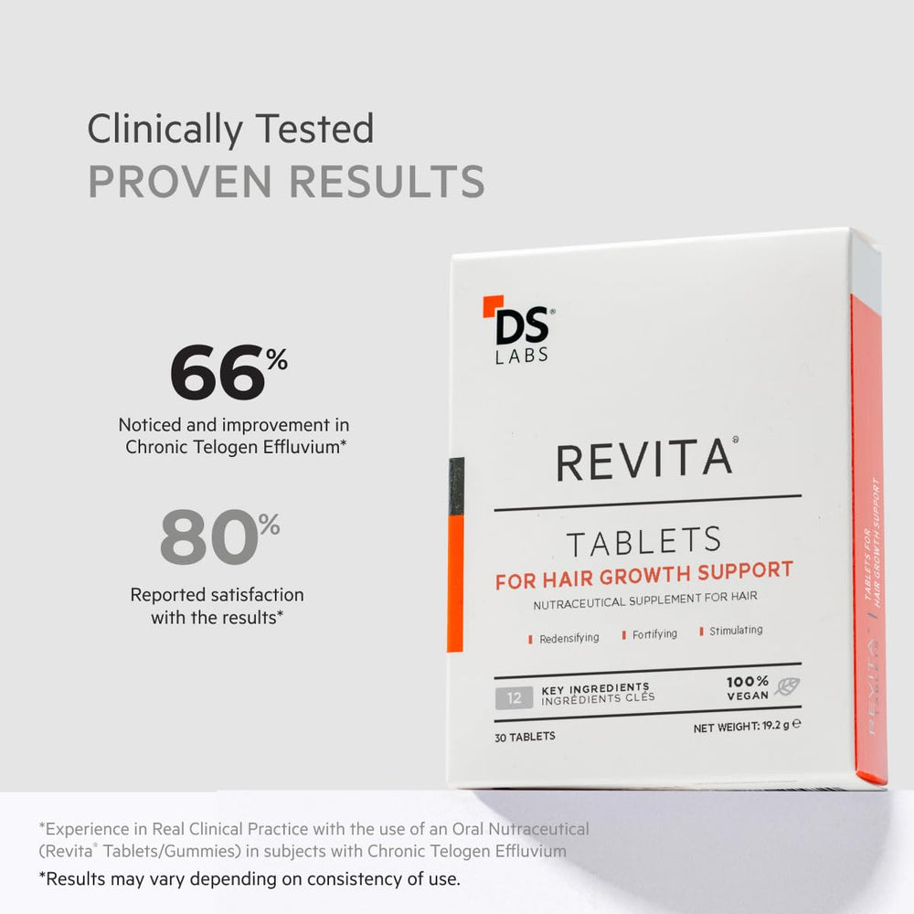 DS Labs Revita Hair Density tablets ingredient panel close-up featuring biotin and zinc