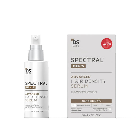 DS Laboratories Spectral Men’s Hair Density Serum bottle closeup for fuller-looking hair.
