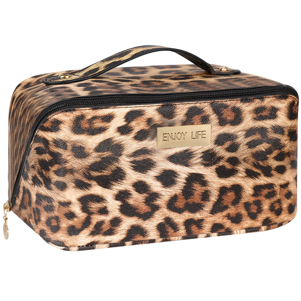 DSDCDJ leopard travel makeup bag open-flat view for quick access to cosmetics