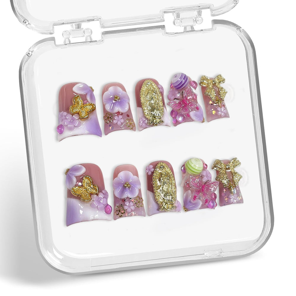 Duck handmade press-on nails in purple-white gradient with 3D flower and lollipop design for chic flair.
