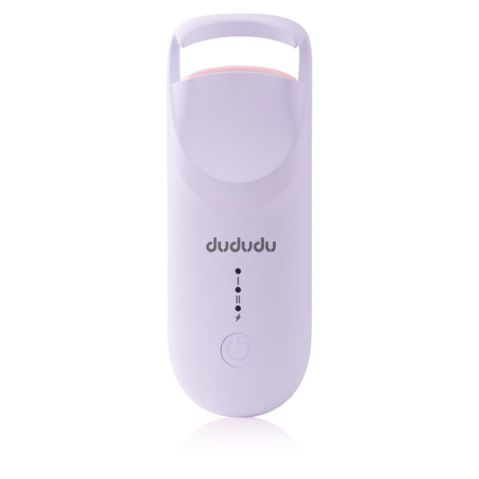 DUDUDU heated eyelash curler top view shows compact travel design for curling on the go