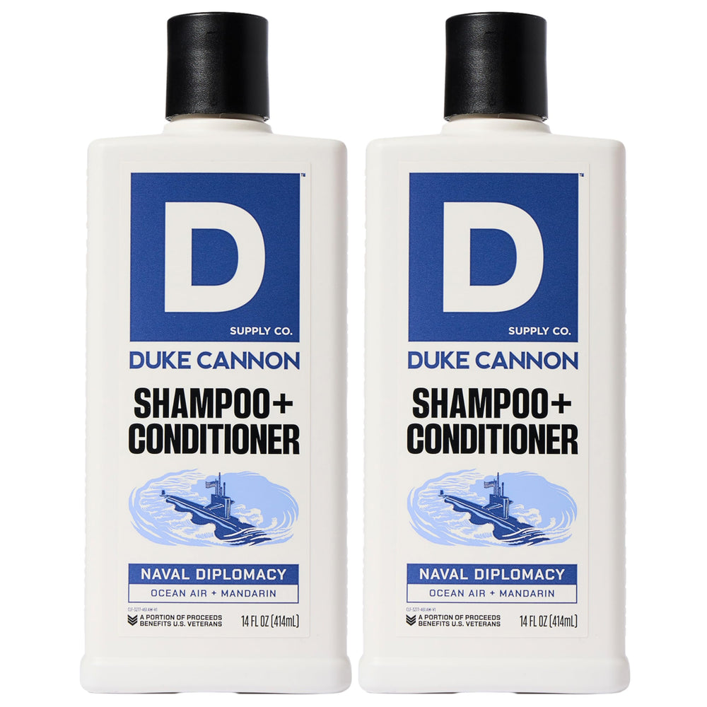 Duke Cannon 2-in-1 Hair Wash Naval Diplomacy bottle for quick daily cleansing