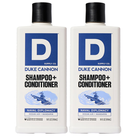 Duke Cannon 2-in-1 Hair Wash Naval Diplomacy bottle for quick daily cleansing