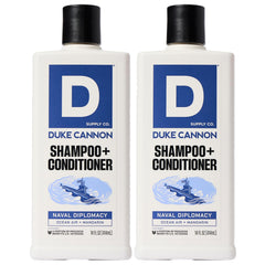 Duke Cannon 2-in-1 Hair Wash Naval Diplomacy bottle for quick daily cleansing