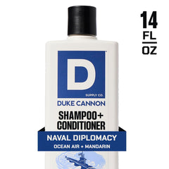 Duke Cannon 2-in-1 Hair Wash Naval Diplomacy label highlighting premium formula and scent