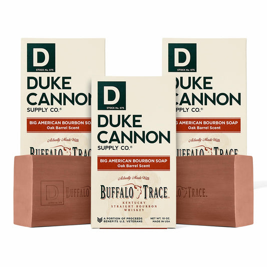 Duke Cannon Big American Bourbon soap bar packaging highlights rugged branding for daily grooming.