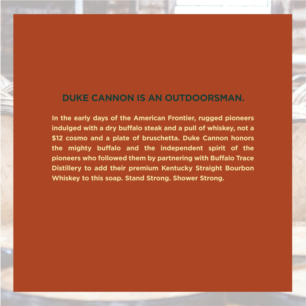 Duke Cannon Big American Bourbon soap bar woodsy scent evokes oak barrel warmth after shower.