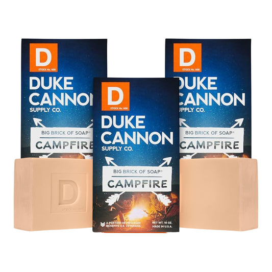Duke Cannon Big Brick Soap campfire packaging showcases rugged American-made daily cleansing.