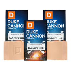 Duke Cannon Big Brick Soap campfire packaging showcases rugged American-made daily cleansing.