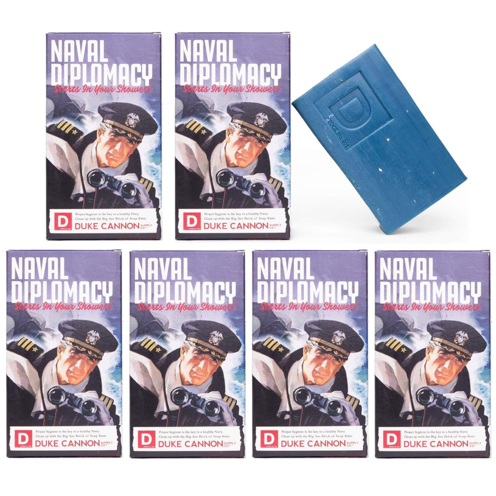 Duke Cannon Big Brick Soap Naval Diplomacy packaging provides thorough cleansing for hardworking hands.