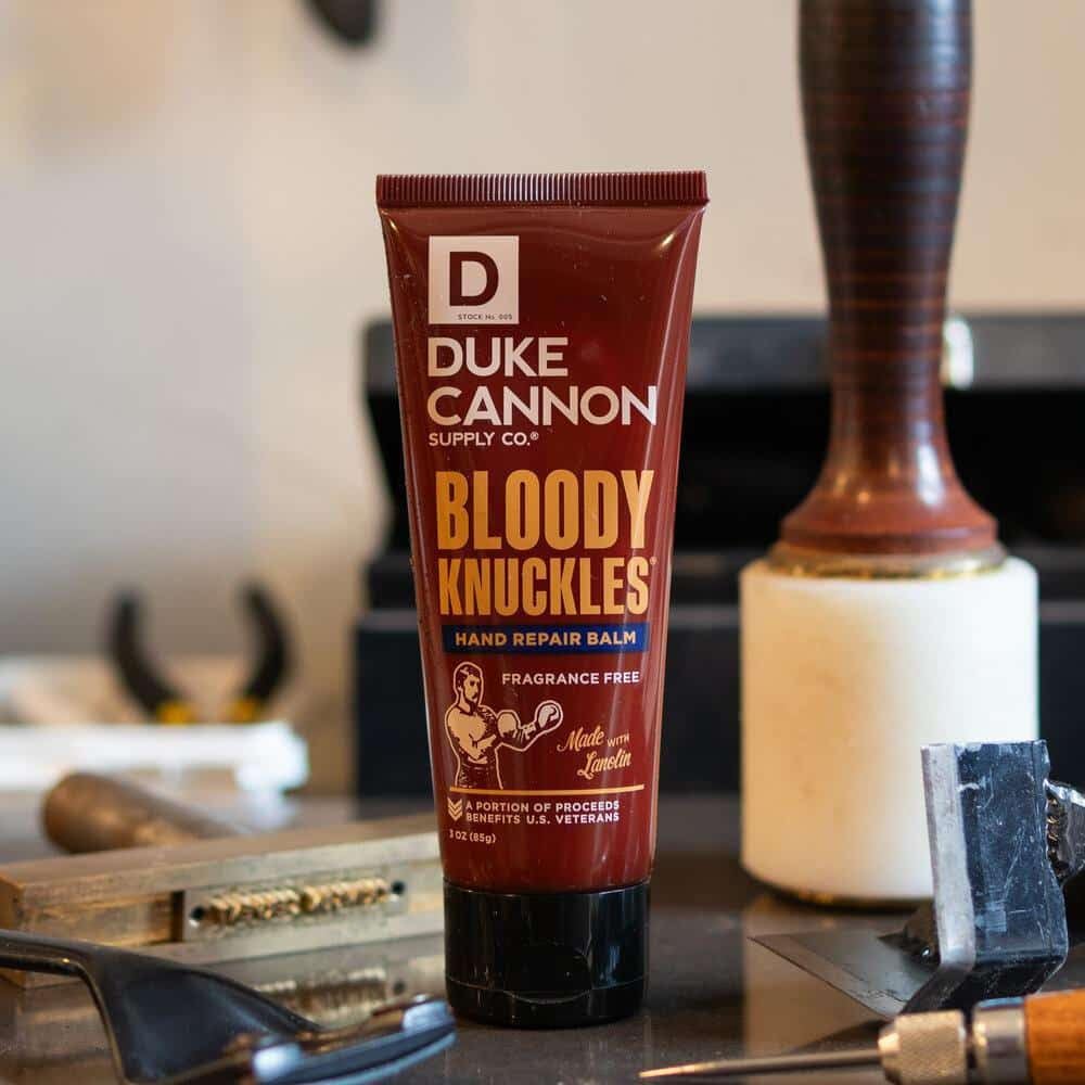Duke Cannon Bloody Knuckles balm unscented formula keeps hands neutral-smelling.