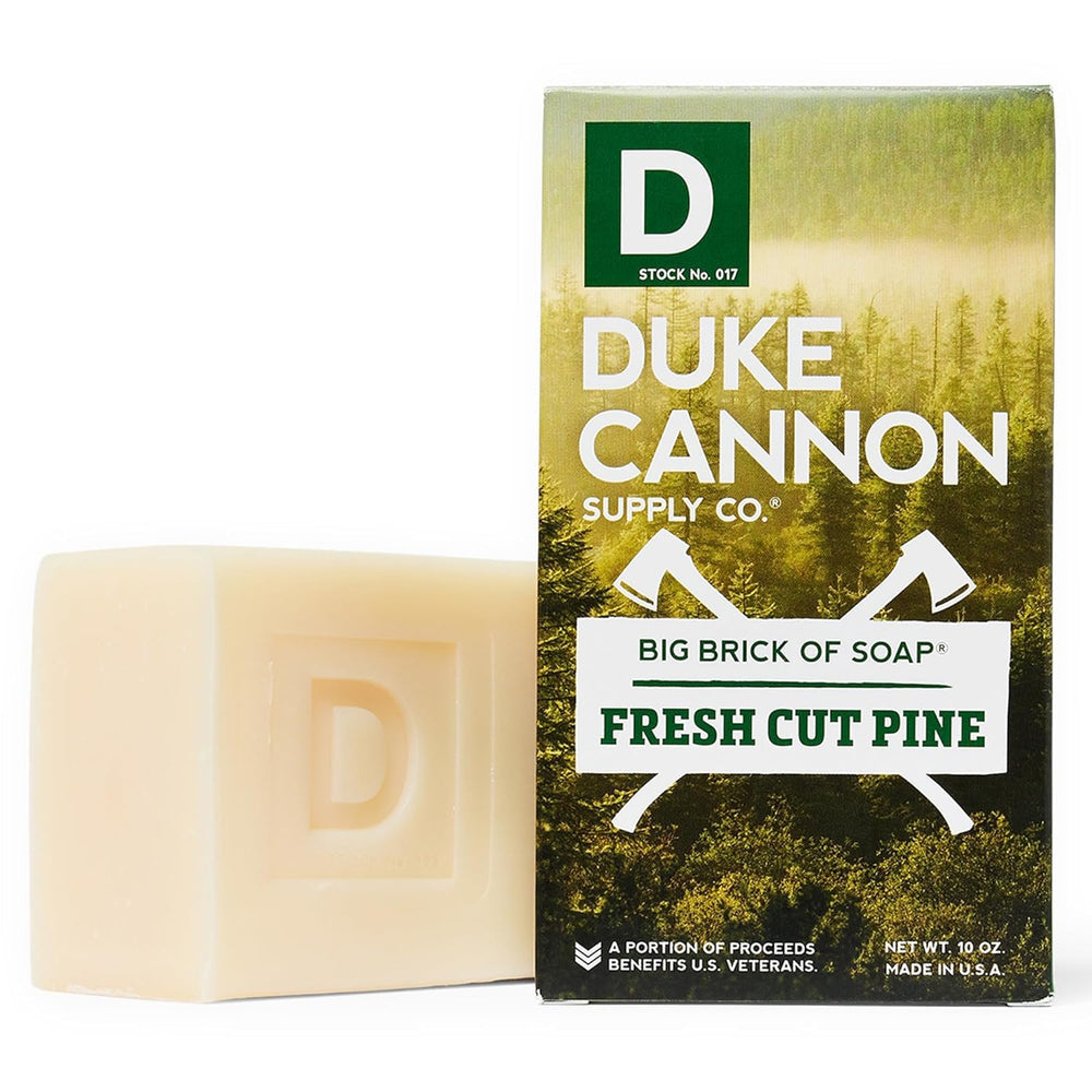 Duke Cannon gift-ready soap 3-pack display emphasizes rugged outdoor care.