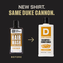 Duke Cannon Midnight Swim 2-in-1 hair wash bottle with oceanic freshness.