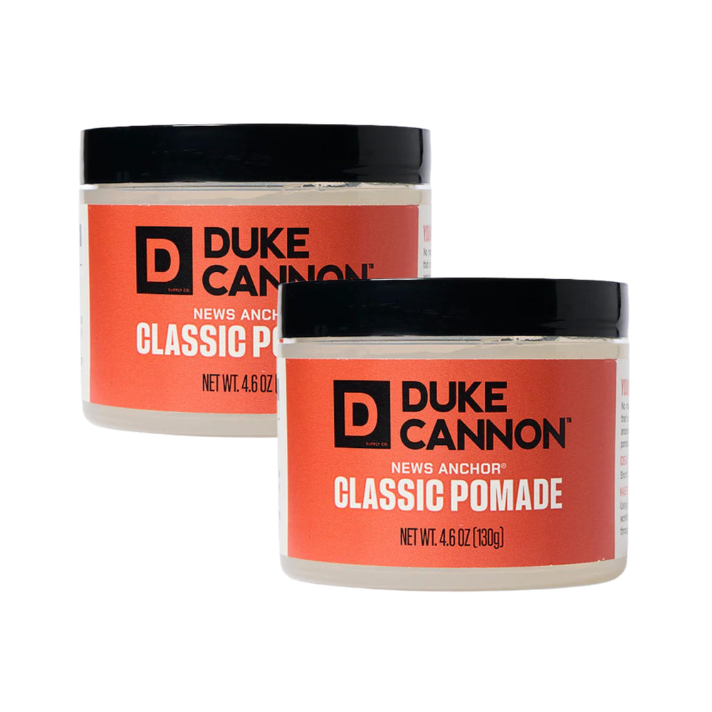 Duke Cannon News Anchor Pomade jar front view showing strong hold and natural matte finish.