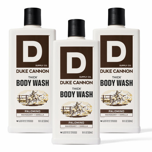 Duke Cannon Palomino Thick Body Wash bottle with rich lather for deep clean.
