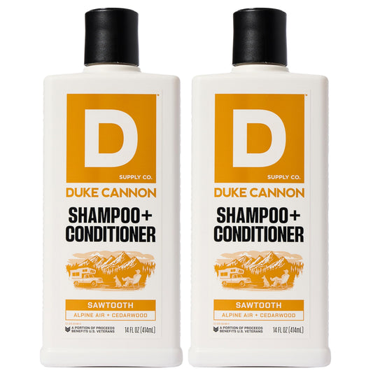 Duke Cannon Sawtooth 2-in-1 hair wash bottle highlights rugged packaging for daily cleansing