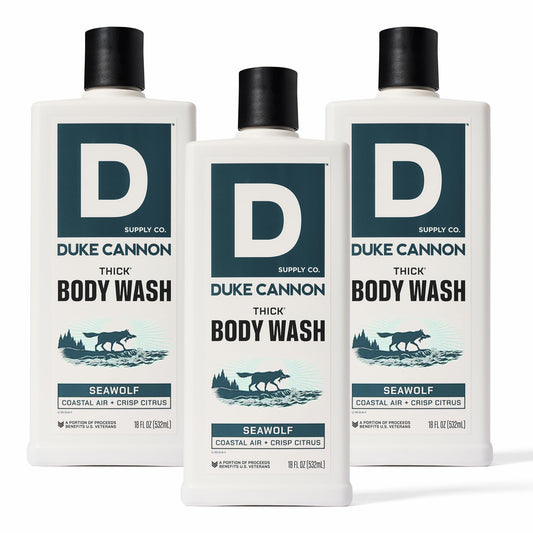Duke Cannon Seawolf bottle front shows rugged packaging for daily showers.