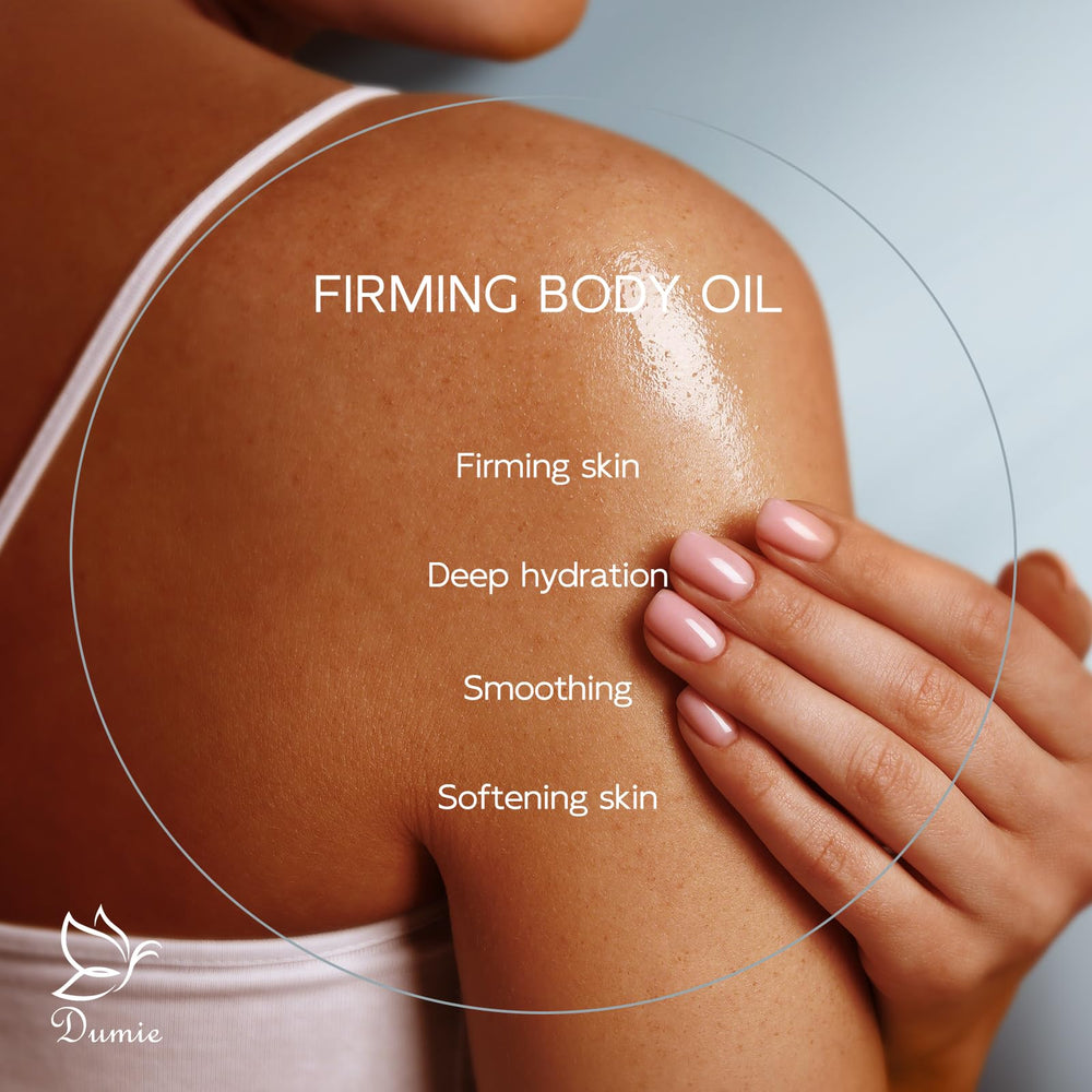 Dumie Body Firming Oil applying to arm demonstrates quick absorption and smooth skin