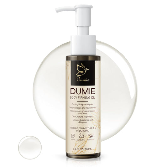 Dumie Body Firming Oil bottle on counter showing premium hydration potential