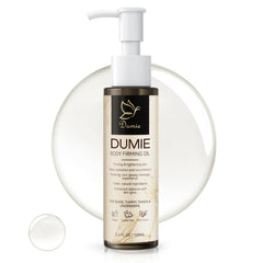 Dumie Body Firming Oil bottle on counter showing premium hydration potential