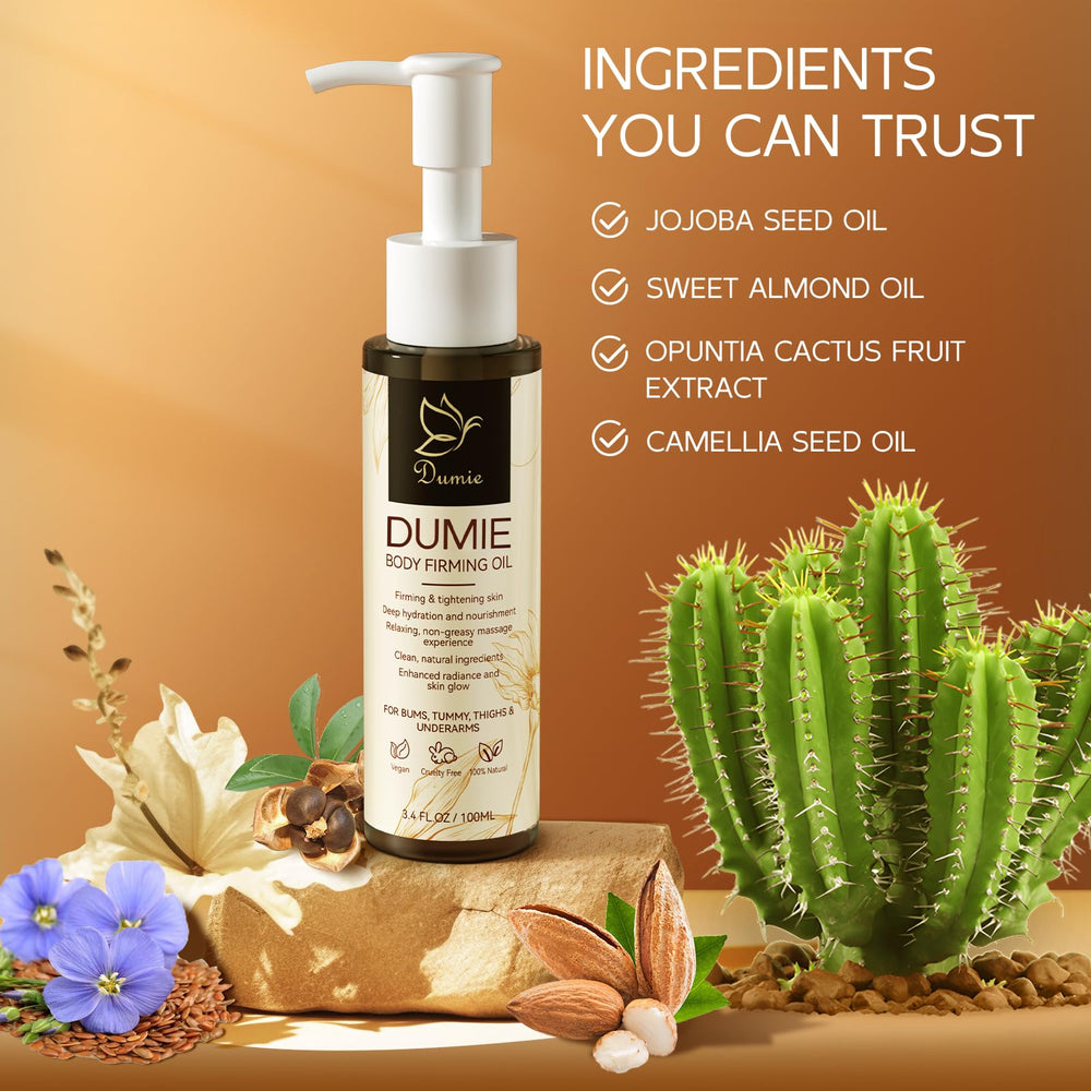 Dumie Body Firming Oil silky texture close-up highlights non-greasy feel