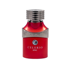 Dumont Celerio Epic angled bottle in red for a modern, unisex scent statement.