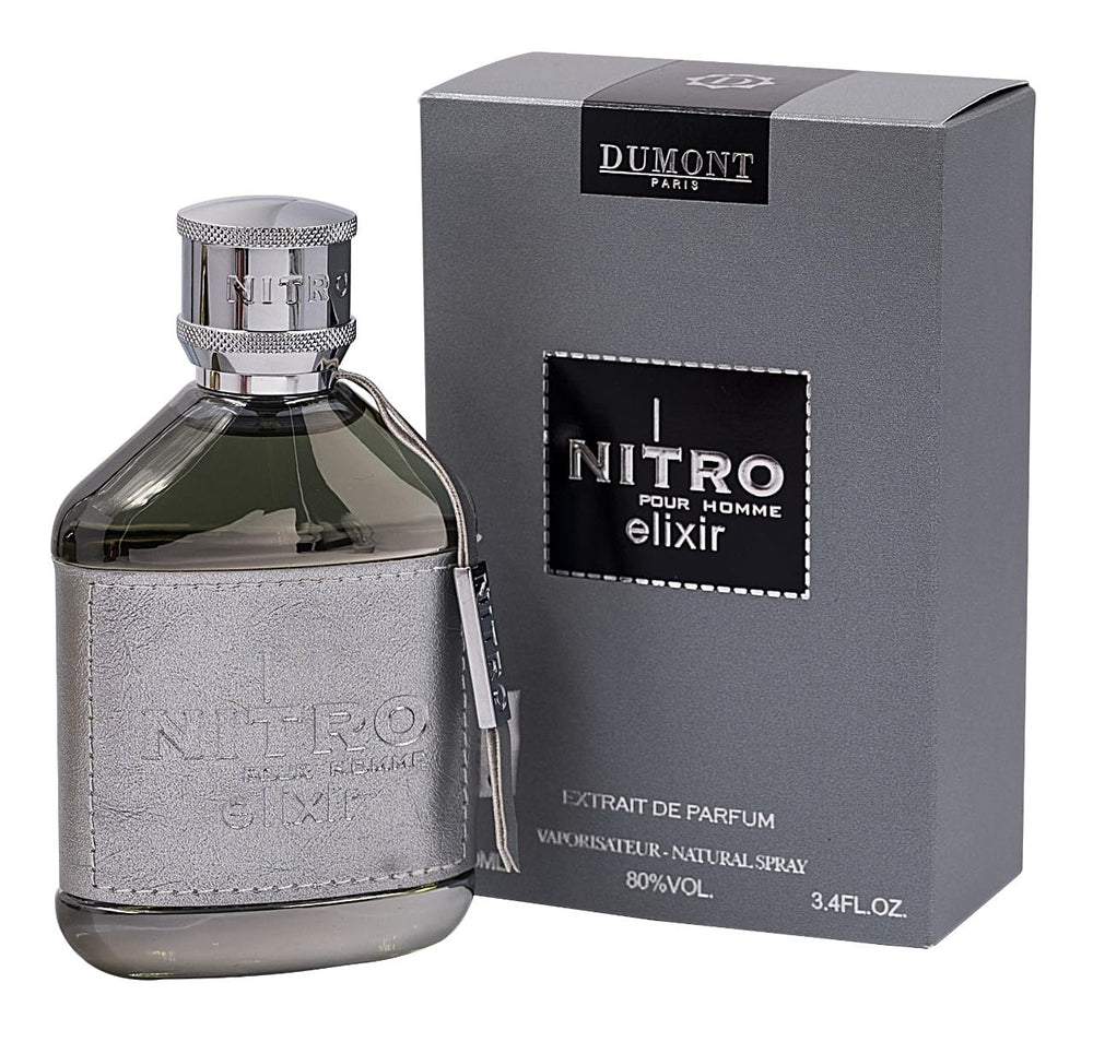 Dumont Nitro Elixir bottle with leather wrap; bold luxury for confident moments.