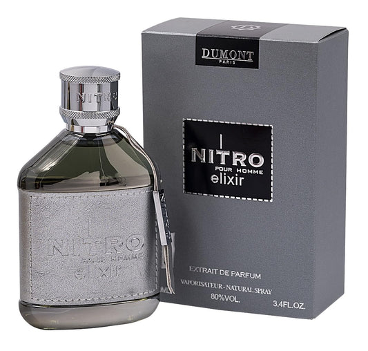 Dumont Nitro Elixir bottle with leather wrap; bold luxury for confident moments.