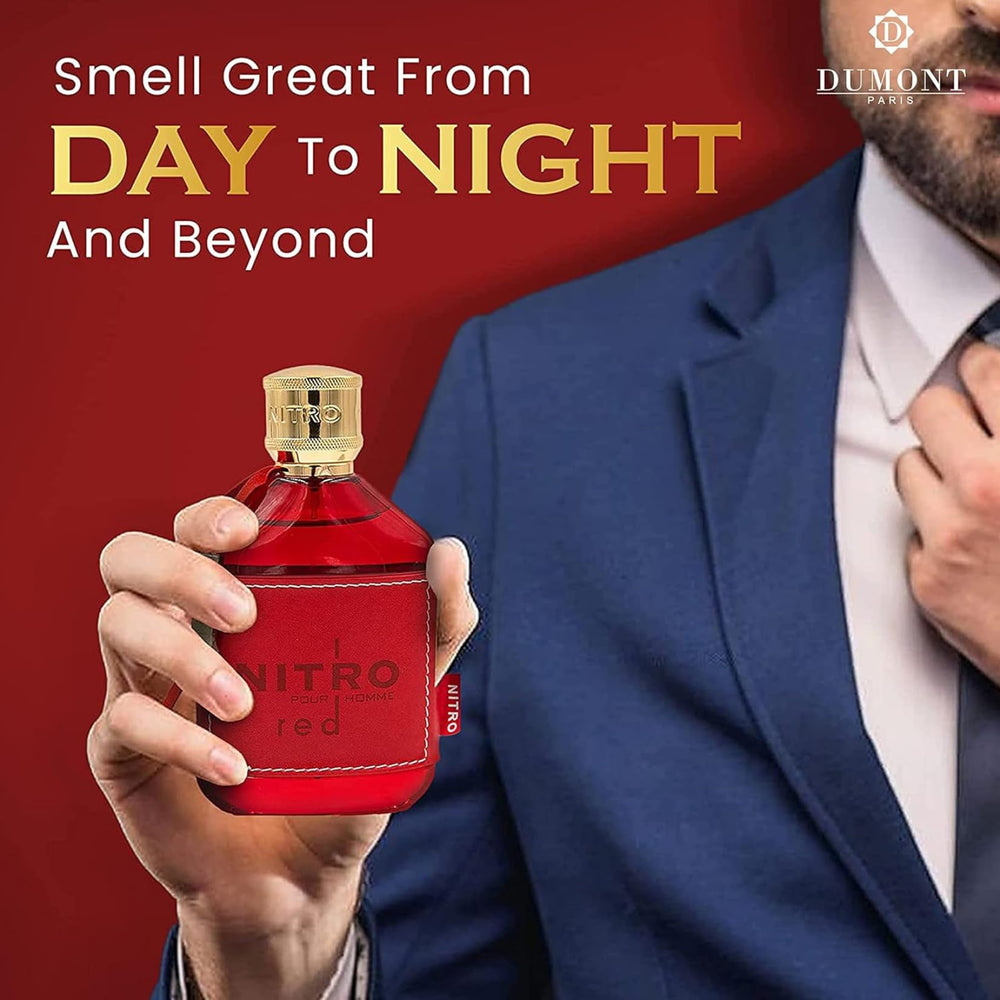 Dumont Nitro Red base notes image highlighting amber and musk for lasting warmth