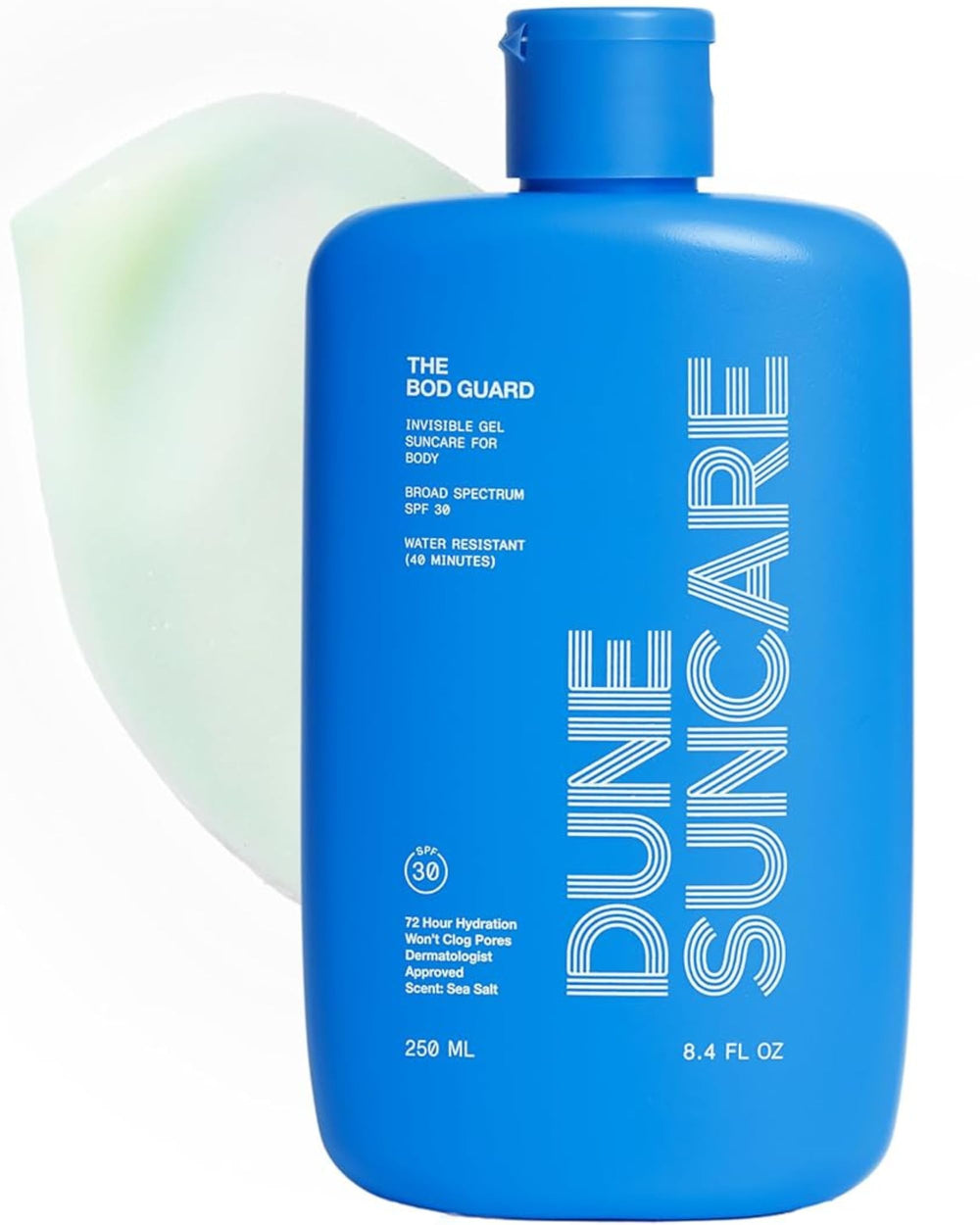 DUNE SUNCARE The Bod Guard clear gel sunscreen bottle with SPF 30 for all-day protection.