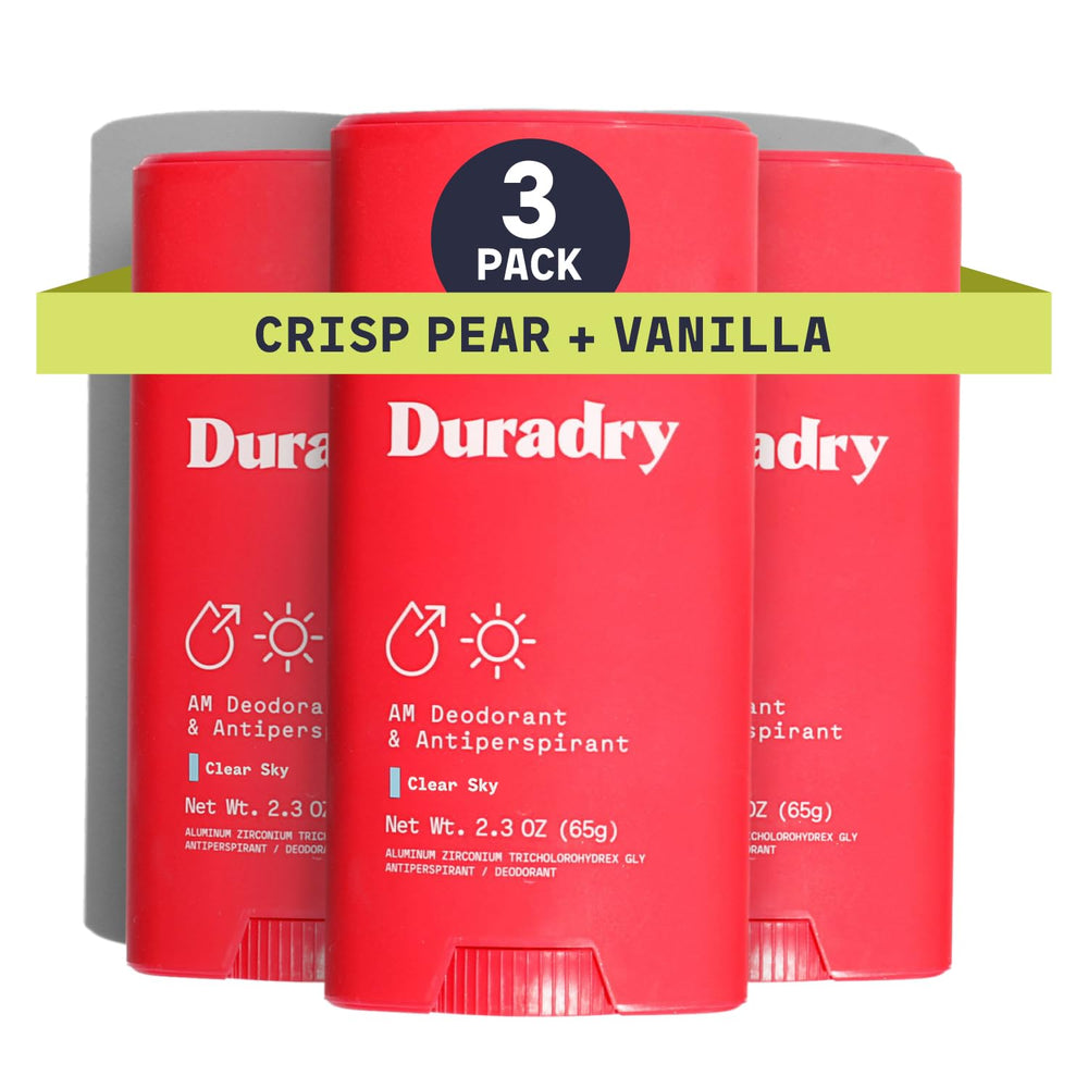 Duradry bottle with Crisp Pear vanilla scent, designed for all-day freshness.