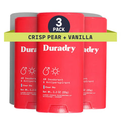 Duradry bottle with Crisp Pear vanilla scent, designed for all-day freshness.