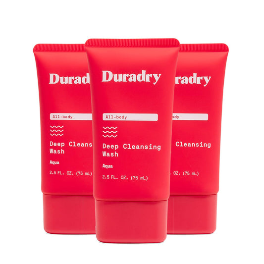 Duradry deodorizing body wash bottle pours with long-lasting odor control.