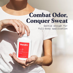 Duradry Seabreeze bottle dispensing powder for quick odor control after workouts.