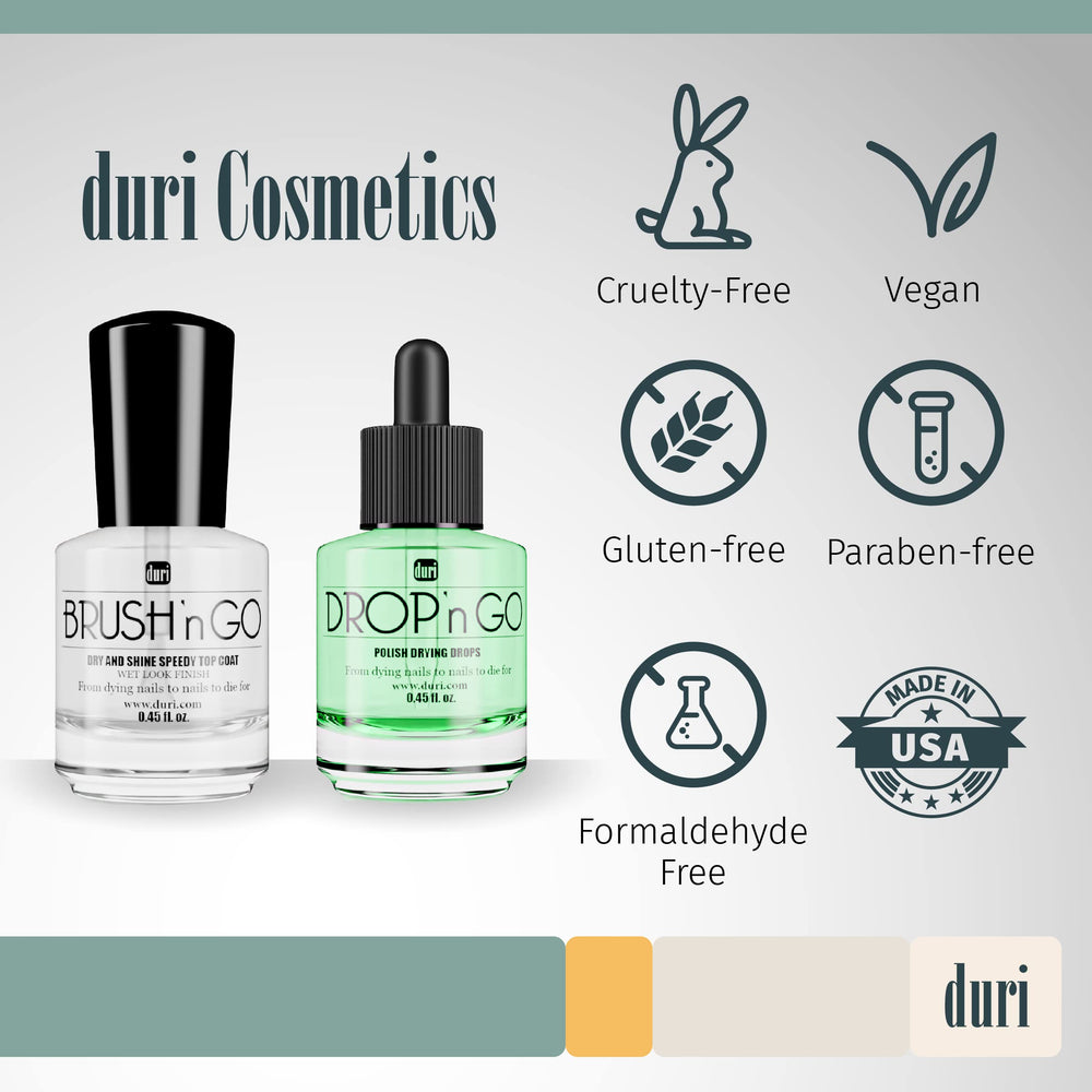 duri drying drops bottle close-up shows quick-dry action and clear formula.