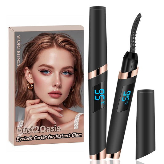 Dust2Oasis heated eyelash curler front view showing compact travel-friendly design for easy carry