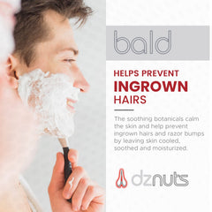 Dznuts Shaving cream bottle emphasizes balanced pH for moisturized skin.