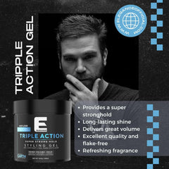 E Elegance Earth Fragrance hair gel prevents flakes and grease for clean hair.