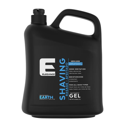 E Elegance transparent shaving gel bottle showing the clear formula for visibility