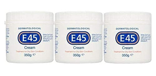 E45 dermatological cream pack of three 350g bottles for long-term moisturisation.