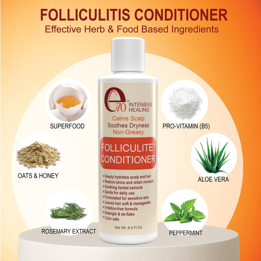 e70 Folliculitis Conditioner label design on a clean bottle