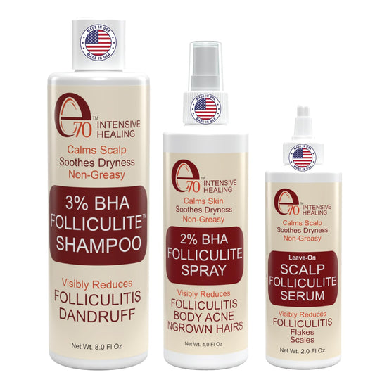e70 Folliculitis Shampoo bottle showing a refreshing cleanse for irritated scalp, helping relieve itch