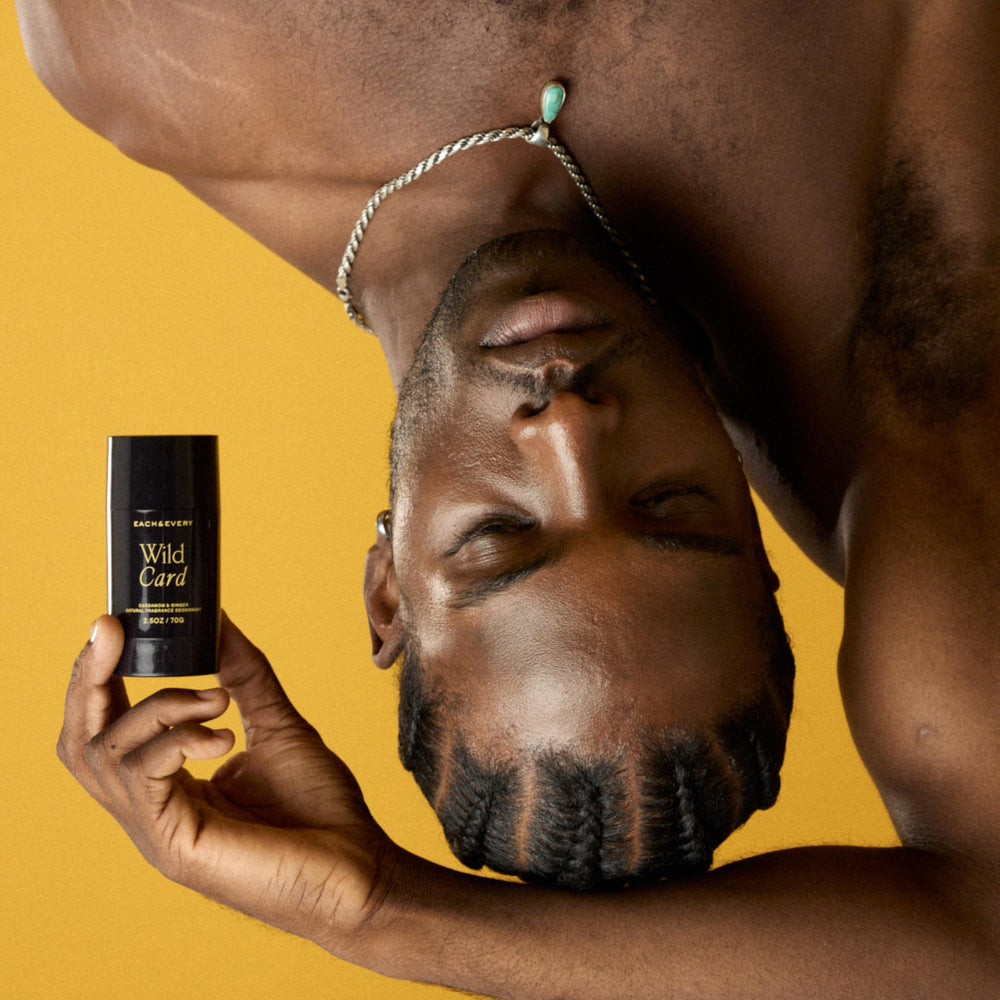 Each & Every deodorant label close-up emphasizes cardamom-ginger scent for daily wear.